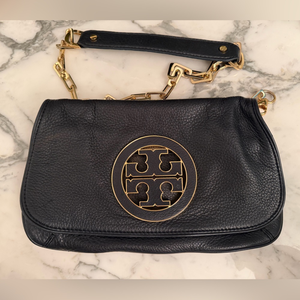 Tory Burch Black Leather Clutch with Gold Accents